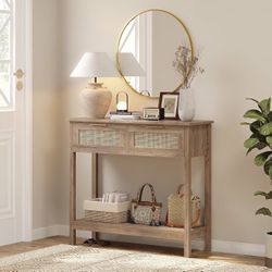 Farmhouse Rattan Console Table with 2 Drawers 2 Tier Boho Narrow Long Sofa Table Natural