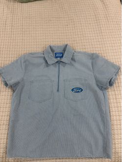 FORD Work Shirt Adult Blue Frayed PACSUN Striped Zip Embroidered Patch