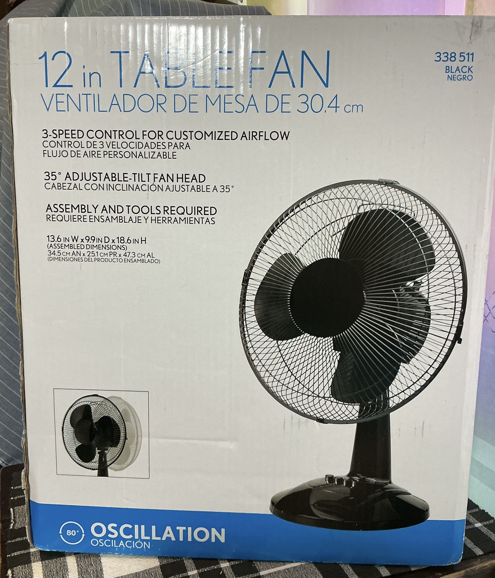  12" Table Fan, 80° Oscillation, 3 Speeds, Adjustable Head Tilt, Ideal for Home, Bedroom or Office, Black New
