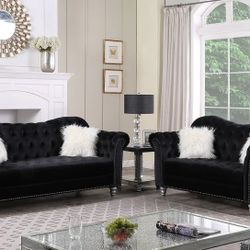 😎 Sofa And Loveseat, Black Velvet Fabric, Brand New.