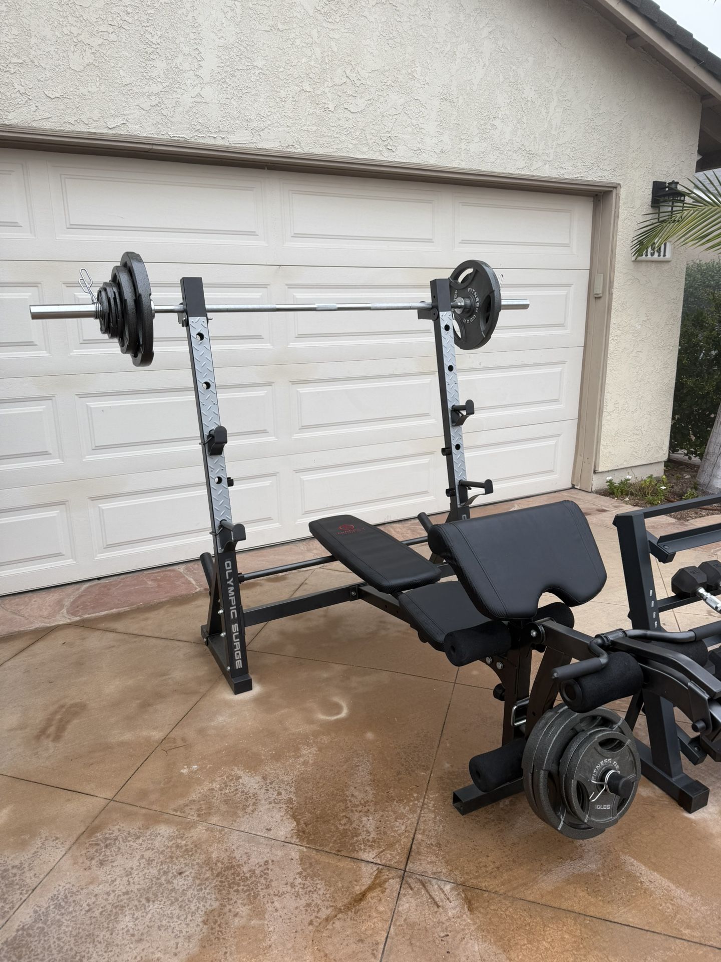 New Olympic Weight Bench, Weights, Dumbbells & Rack, And Padded Exercise Flooring
