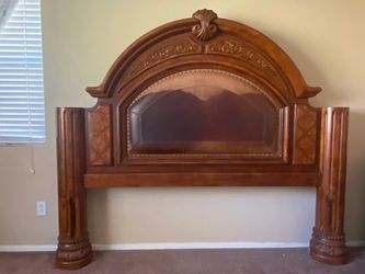 Ornate Wood and Leather King Headboard