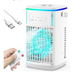 Portable Air Cooler Fan with Remote, 4-in-1 Portable AC with 1500ml Water Tank, 3 Wind Speeds, 6H Timer, 2 Cool Mist, 7 Lights, Personal Mini Air Co