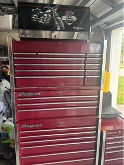 Rare Snap- on Harley-Davidson 90th Anniversary Toolbox Main rolling cabinet with 2 upper cabinets and a side cabinet.  Locks have been drilled out.