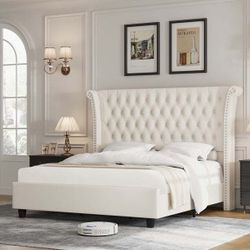Full Size Bed Frame, Modern Velvet Tufted Upholstered Platform Bed with Rivet Rolled Edge High Wingback Headboard, White  The platform bed 