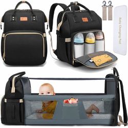 Black Diaper Bag Backpack  With Attached Changing Area Bassinet Like Foldable Attachment