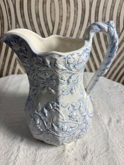 initialed and marked 1969 Vintage ceramic blue and white floral pitcher/vase initialed and marked 1969