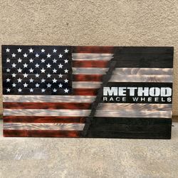 36”x20” American/METHOD Race Wheel Flag On Wood