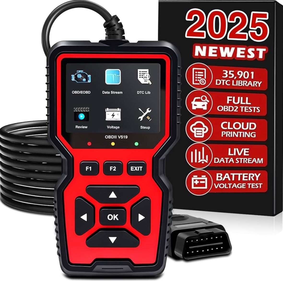 Professional OBD2 Scanner Tool for Engine Fault Code Reader, Battery Tester, I/M Readiness, 9 Language Support, Compatible with All Vehi