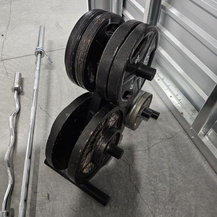 Olympic Barbell, Curl Bar, Weight Plates(280 Lbs.) & Stand