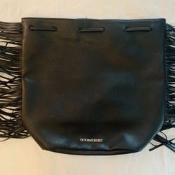 Victoria Secret Women's Faux Leather with Fringe Large Black Tote Bag