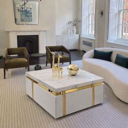 Brand New In Box！Luxury Italian Marble-Style Coffee Table – White，with 4 draws