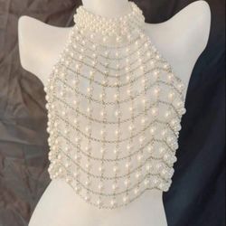 Unisex Sexy Sparkly Faux Pearl Decor Harness Bra Top, Revealing And Flattering Body Line, Fashionable Pearls Bikini Bra With Back Straps