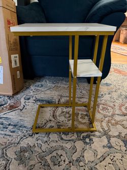 Gold C-Shaped Side Table – Faux Marble Top & Shelf