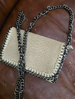 Beige Snakeskin Embossed Crossbody Purse with Black Chain Strap