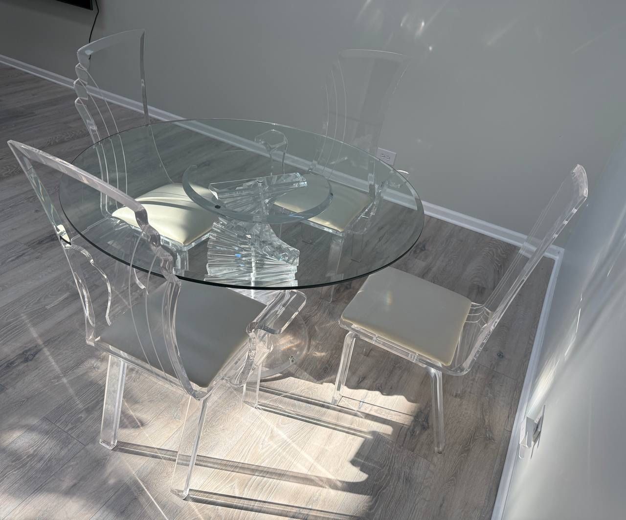 Acrylic Dining Set – Glass Round Table + 4 Clear Chairs