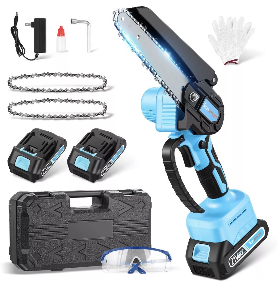 Transmart Cordless Chainsaw 6" Rechargeable w/2PCS 21V Batteries, 3 PCS Chains