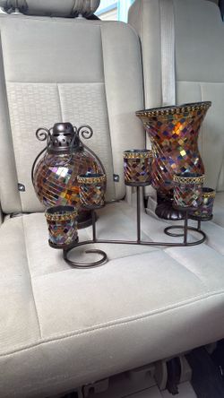 Vintage PartyLite Global Fusion Mosaic Glass Set - Large Lantern & 2 Votive Cups (Retired)