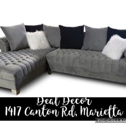 New Grey Button Tufted Rolled Arm, Sectional Sofa Touch