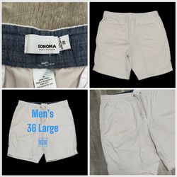 Men’s Sonoma 36 Shorts Khakis Chino Cream Elastic Waistband Drawstring Cotton