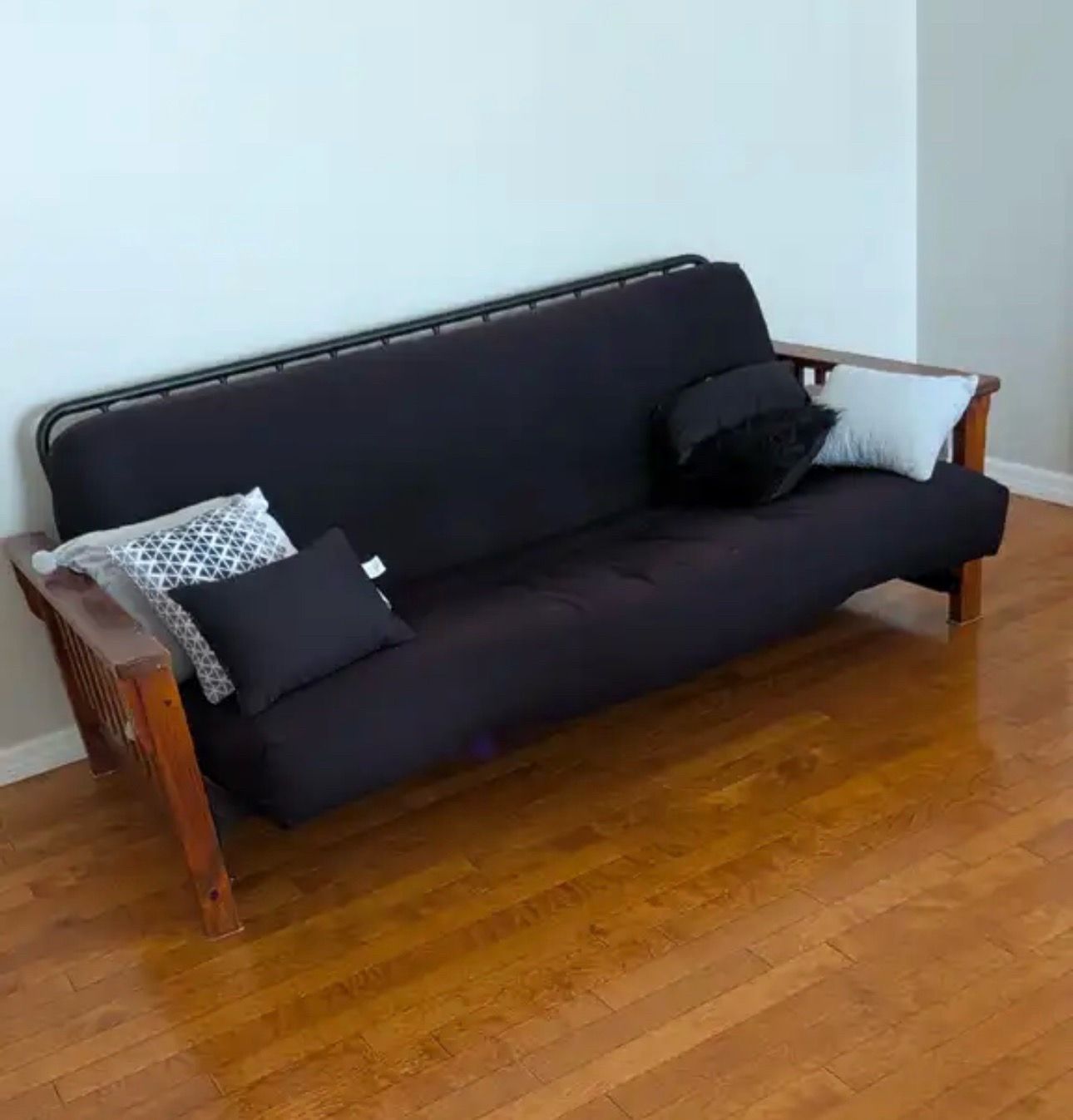 Wood Futon Couch Bed w/ Black Mattress – Clean & Comfortable