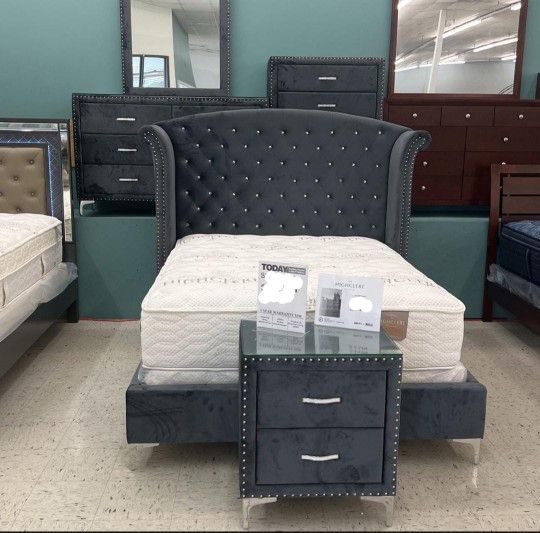 Bedroom Set Grey or Blue Queen/King Bed Dresser Nightstand Mirror Chest Options 