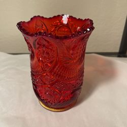 Vtg Amberina Footed Glass Vase with Geometric Design 5.5" EUC