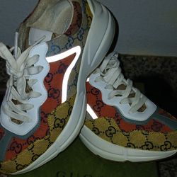 Auth Gucci Rhyton Sneakers Multicolor Canvas Fabric Leather Size Eu 39.     8.5 US