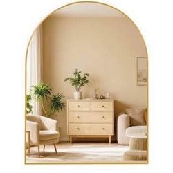 New Brushed Gold Arched Metal Framed Bathroom Mirror Size 30x36 