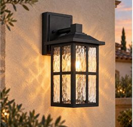 Outdoor Wall Light, Black Lantern Wall Sconce with Hammered Glass