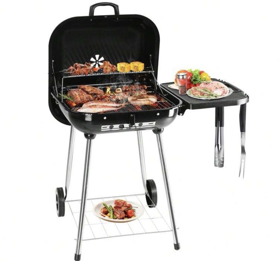28" Portable Charcoal Grill With Wheels And Foldable Side Shelf, Large BBQ Smoker With Adjustable Vents On Lid For Outdoor Party Camping Picnic