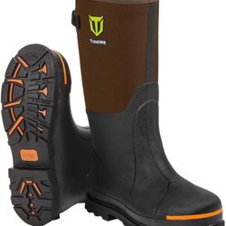 TideWe Rubber Work Boot for Men with Steel Toe & Shank, Waterproof Anti Slip Hunting Boot, 6mm Neoprene Hunting Boot, Durable Brown Rubber Boot for Ma