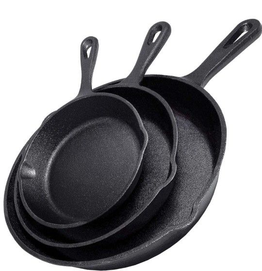 Simple Chef Cast Iron Skillet 3-Piece Set -Best Heavy-Duty Professional Restaurant Chef Quality#368