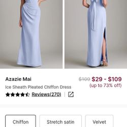 Azazie Mai Ice Blue Sheath Pleated Chiffon Used Wedding Formal Dress Bridesmaid