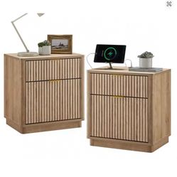 23'' Fluted Nightstand Set of 2 with Charging Station, Large 2 Drawer Bedside Table, Modern End Table with Storage, Mid Century