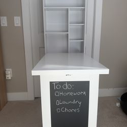 White Foldable Wall Mounted Desk with Storage Shelves, Fold Out Convertible Computer Table with Blackboard, Folding Writing Table Workstation for Smal