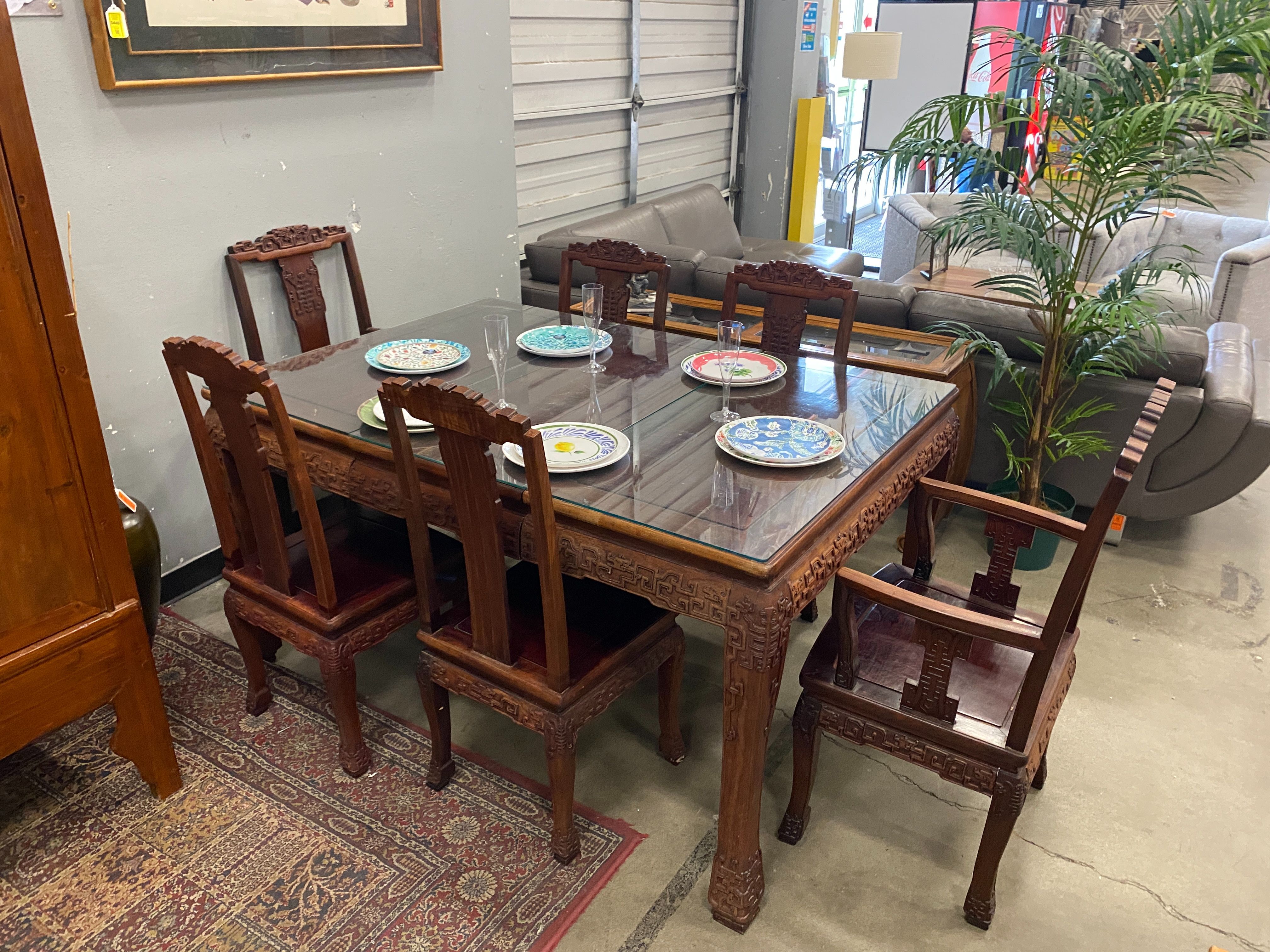 Vintage Rosewood Carved Dragons Dining Set - 6 Chairs