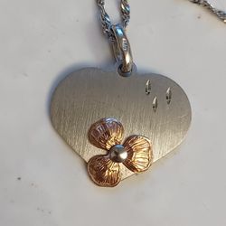 Vtg.Sterling Silver & 18kt. Gold Plated Flower Accent Heart Pendant Necklace