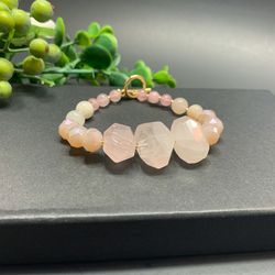 Irregular Natural Stone Open Bracelet Round Glass Beads Clasp Bracelet, pink