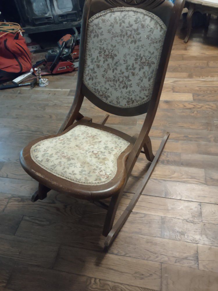 Vintage Tapestry Carved Wood Folding Rocker Rocking Chair - Victorian

