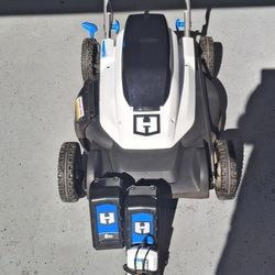 Heart forty volt, eighteen inch, cutting width electric lawn mower it has 26 hours on it. It comes with two batteries and charger