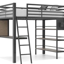 Kids  Dark Gray Full Loft Bed With Desk And Bookcase