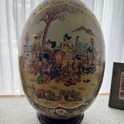 18” Vintage Satsuma Style Egg Hand Painted Floral Gold