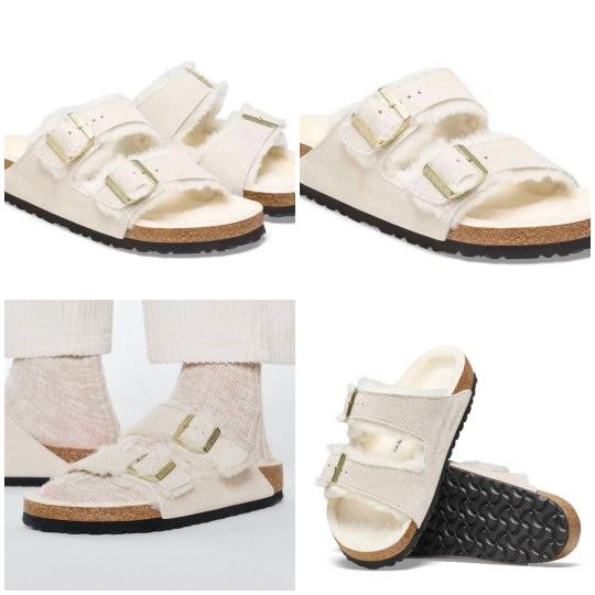 Birkenstock Arizona Shearling Suede Leather Antique White Size EU 38 / US 7-7.5. New