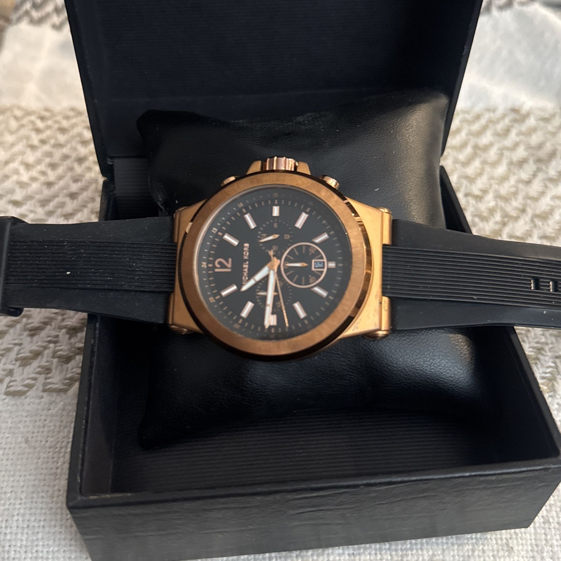 Stainless Steel Michael Kors Watch Black Leather Strap Stainless