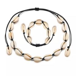 Cowrie Shell Choker And Bracelet Black  Cord Set 
