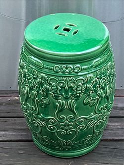 Green Oriental Round Ceramic Garden Stool Table 19” H x 13.5” Dia.