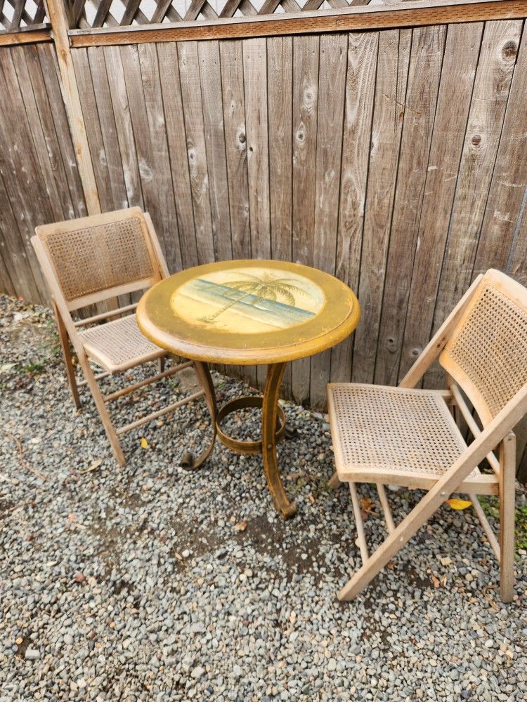 Antique style painted bistro end occasional table with palm tree design shabby chic Victorian coastal boho