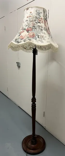 ANTIQUE TURNED WOOD FLOOR LAMP FOOT PUSH-BUTTON 1920'S- 40'S