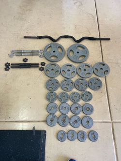 Weight plates set 130+ lbs plus accessories $100 OBO